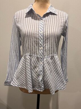 Striped Button-Front Peplum Shirt - Blue & White